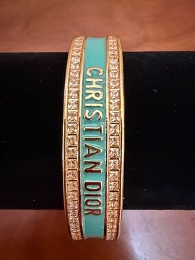 DIOR Night Code Bangle aqua bracelet Christian jewelry gold rhinestones cyan NEW